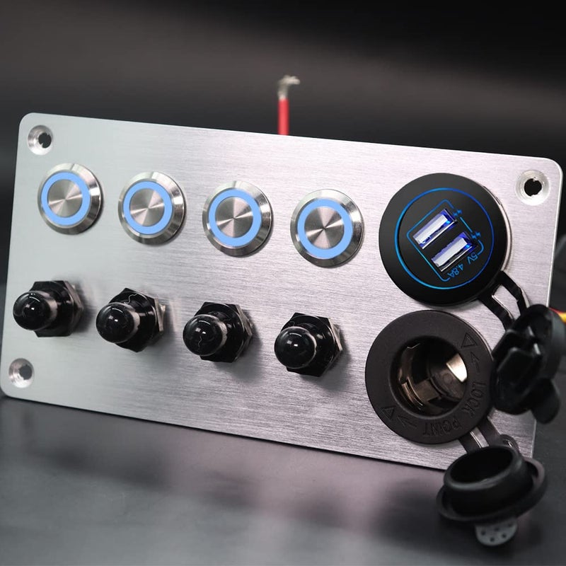 IZTOSS 4 Gang Aluminum Push Button Switch Panel with 5V/4.8 Dual USB Socket Outlet Circuit Breaker for Marine RV Boat Caravan Yacht - Image 1